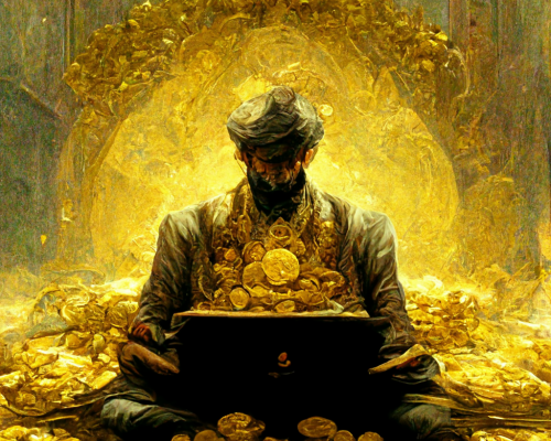 A_photo_of_a_computer_developer_sitting_on_A_pile_of_gold_coins